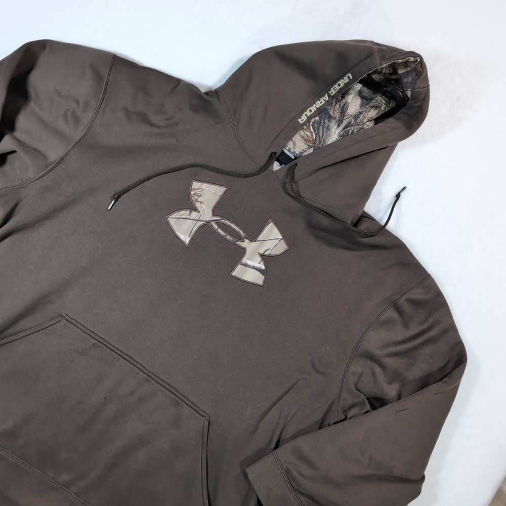 Under Armour Hoodie Mens 3XL Brown Camo Logo Pullover Fleece Lined Sweatshirt